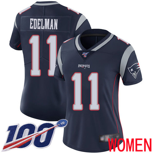 New England Patriots Football #11 100th Limited Navy Blue Women Julian Edelman Home NFL Jersey->women nfl jersey->Women Jersey